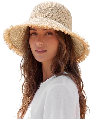 Beach Hats for Women, Straw Bucket Hats Packable Wide Brim - color: Beige