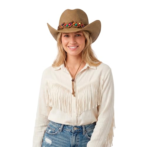 Unisex Straw Cowboy Hat Wide Brim Western Sun Hat Adjustable Beach Cowgirl Hat for Summer Outdoor Sun Protection - color: Coffee Colored, Woven Strap