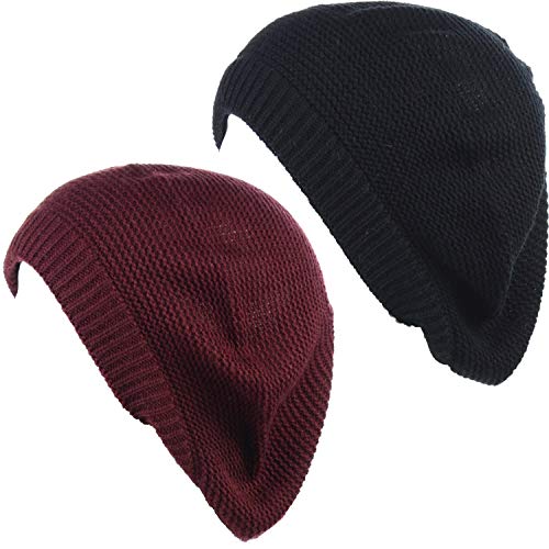 BYOS Chic French Style Lightweight Soft Slouchy Knit Beret Beanie Hat in Solid - color: 2-pack Burgundy & Black