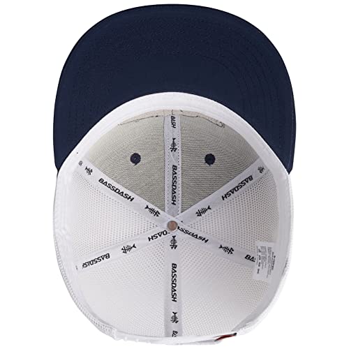 BASSDASH Flat Brim Trucker Cap Adjustable Snapback Hat Mesh Back for Men Women - color: Collegiate Navy/Bass