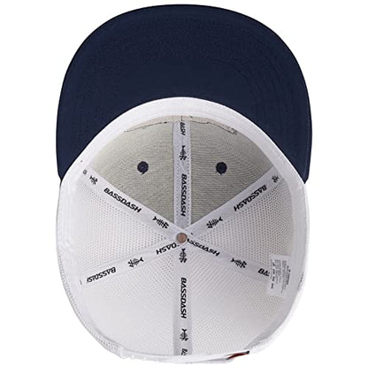 BASSDASH Flat Brim Trucker Cap Adjustable Snapback Hat Mesh Back for Men Women - color: Collegiate Navy/Bass
