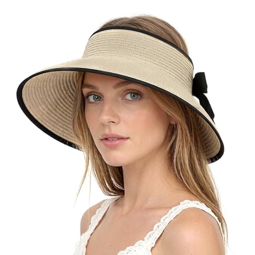 Beach Sun Hats for Women Sun Visors Wide Brim Foldable Straw Hats Packable for Travel Vacation - color: Beige