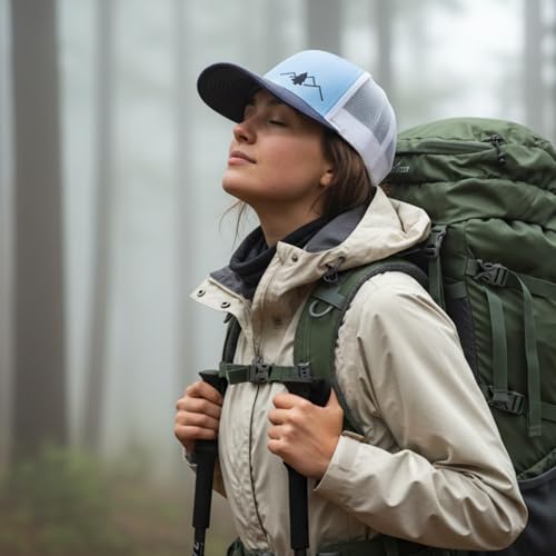 LINDO Trucker Hat [ Great Outdoors Design ] for Men and Women: Mid Profile Cap with Breathable Mesh Back and Adjustable Snap - color: Navy/Sky/White