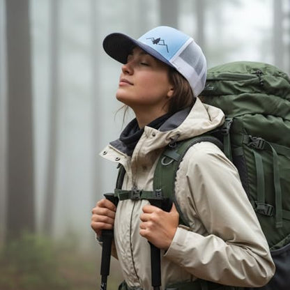 LINDO Trucker Hat [ Great Outdoors Design ] for Men and Women: Mid Profile Cap with Breathable Mesh Back and Adjustable Snap - color: Navy/Sky/White