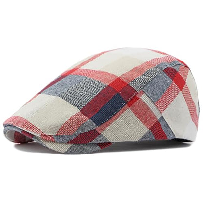 Plaid Newsboy Hats Flat Cap for Men Women Ivy Catsby Cabbie Driving Hat - color: Plaid-01-red