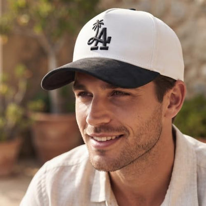 LA Palm Tree Baseball - Premium A-Frame Snapback One Size Fits All Men's and Women's Hat Adjustable Cotton Suede - color: Off White With Black