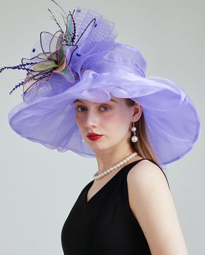 Women Organza Derby Hat Fascinator Tea Party Wedding Church Derby Hat Fascinator Hats Dual-use - color: 02g Purple
