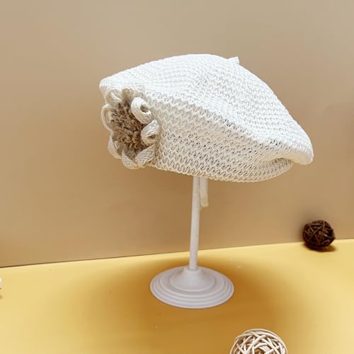 Women Summer French Beret Lady Slouchy Crochet Beret Hats 3D Flower Artist Painters Woven Beach Beanie Cap - color: Beige