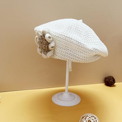 Women Summer French Beret Lady Slouchy Crochet Beret Hats 3D Flower Artist Painters Woven Beach Beanie Cap - color: Beige