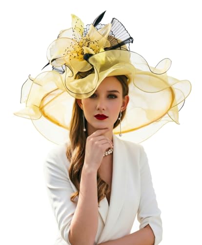 ORIDOOR Women Hats Headband Hairpin Organza Fascinator Church Hat Floral Tea Party Wedding Hat - color: 003d Yellow