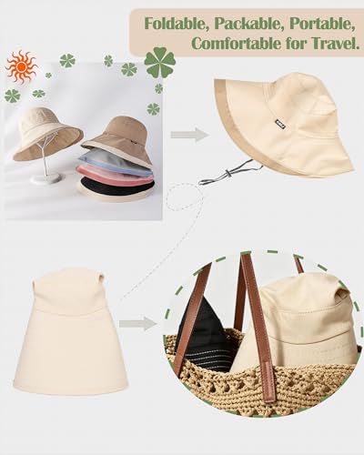 Women UPF50+ Wide Brim Bucket Sun Hat Wired Edge Adjustable Chin Strap - color: Beige