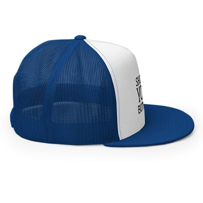 Show Me Your Butthole Premium Trucker Hat Flat Bill High Crown Adjustable Funny Cap - color: Royal/ White/ Royal