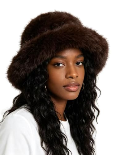 Lina & Lily Oversized Winter Faux Fur Bucket Hat for Women - Long Pile Fur Wide Moldable Brim - color: Dark Brown
