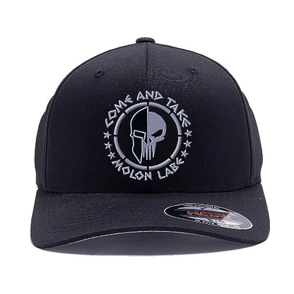 Spartan Skull Warrior Helmet Molon Labe/ΜΟΛΩΝ ΛΑΒΕ - Come and Take Embroidered Flex Fitted Baseball Hat - color: Black, size: Small-Medium