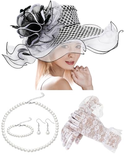 Derby Hat for Women 2026 Wide Brim Organza Sun Church Hat Set Feather Floral Fascinator for Tea Party Wedding Derby - color: White