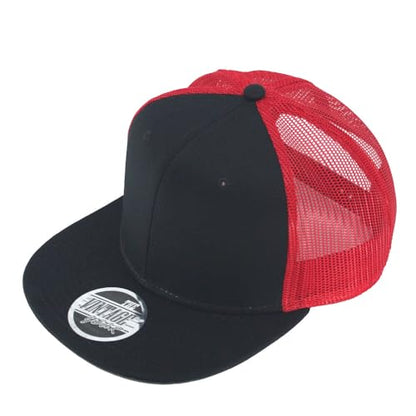 Plain Cotton Twill Flat Brim Mesh Adjustable Snapback Trucker Baseball Cap - color: Black/Black/Red