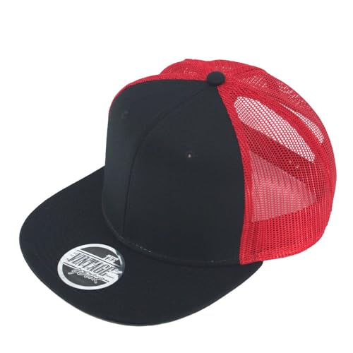 Plain Cotton Twill Flat Brim Mesh Adjustable Snapback Trucker Baseball Cap - color: Black/Black/Red