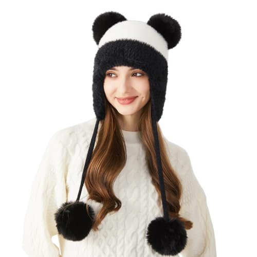 DOCILA Winter Beanie Hat for Women Warm Fleece Lined Pom Knit Earflap Hats Cute Outdoor Snow Ski Skull Cap - color: B-whiteblack