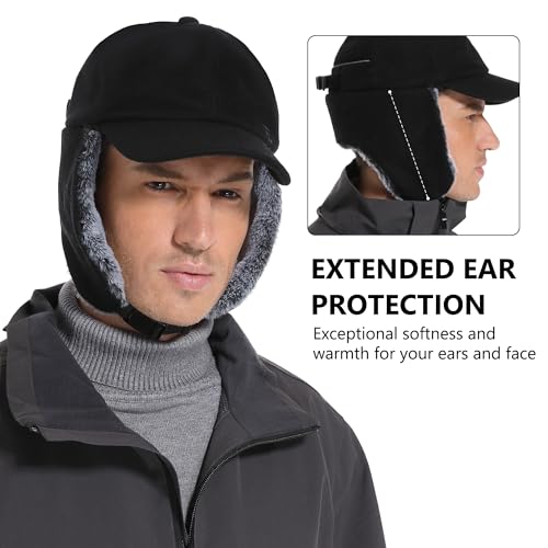 GADIEMKENSD Unisex Winter Wool Baseball Cap with Faux Fur Lined Ear Flaps, Trapper Hat with Reflective Line - color: Black
