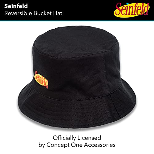 Concept One Seinfeld Logo Bucket Hat, Packable Travel Hat, Wide Brim Summer Hat, Reversible, Black and White
