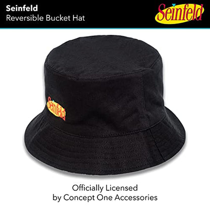 Concept One Seinfeld Logo Bucket Hat, Packable Travel Hat, Wide Brim Summer Hat, Reversible, Black and White