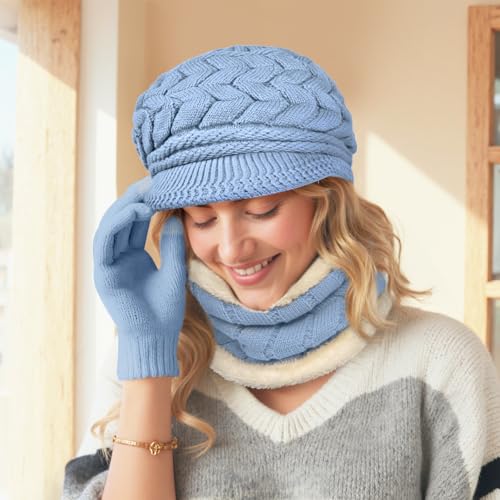 Loritta 3 in 1 Womens Winter Hat Gloves Scarf Set, Warm Hat Mittens - color: Blue