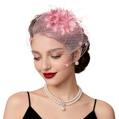 Fascinators Hats Tea Party Hats for Women Feather Veil Headband Vintage Lace Cocktail Headwear Bridal Wedding Veil Retro Hat - color: Pink