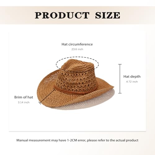 Women/Men Straw Cowboy Hat Wide Brim Sun Beach Cowgirl Hat Summer Western Cowboy for Travel Outdoor Family - color: Khaki