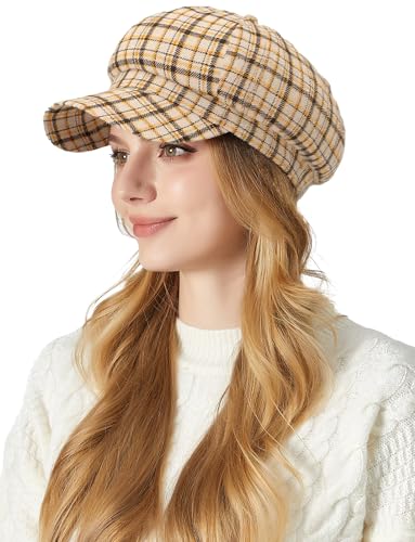 FEOYA Women Newsboy Hat Plaid Cabbie Caps Cotton Casual Stylish Beret Cap Paperboy Hats - color: Plaid-khaki