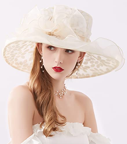 Z&X Organza Church Fascinator Wedding Tea Party Derby Hats for Women Flower Wide Brim Sun Hats - color: 01b Beige