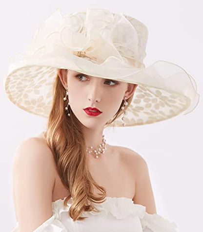 Z&X Organza Church Fascinator Wedding Tea Party Derby Hats for Women Flower Wide Brim Sun Hats - color: 01b Beige