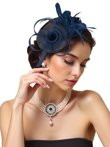 Fascinators Hats for Girls and Women Feather Tea Party Hats Weddinh Mesh Hat with Headband and Clip - color: Blue