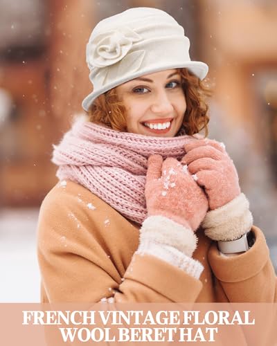 3 Pcs Church Hat for Women Cloche Bucket Winter Beret Hat French 3D Floral Wool Fleece Winter Cap Headgear, 56-58cm - color: Black White Dark Red