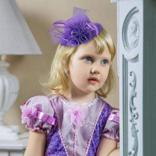 Zinniday Girls Mini Fascinators Hats - Purple Top Kentucky Hat with Hair Clip Veil 2026 Feather Derby Cap Small Church Victoria Fascinator for Little Girl Tea Party Renaissance Masquerade Dress Up - color: Purple