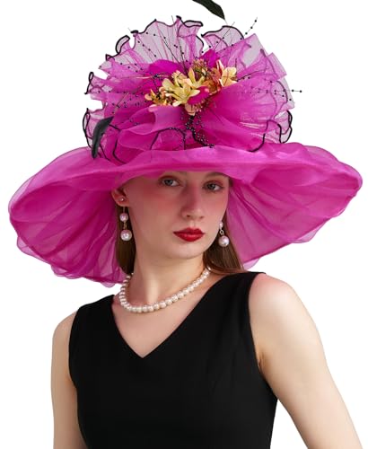 Women Organza Derby Hat Fascinator Tea Party Wedding Church Derby Hat Fascinator Hats Dual-use - color: 02d Rose Red