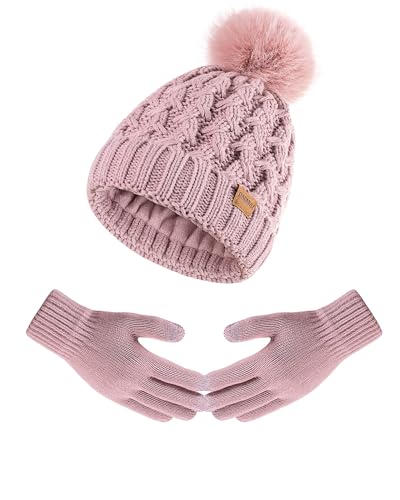 Women Winter Beanie Hat Gloves Set Pom Hat with Warm Fleece Lined Touchscreen Gloves for Cold Weather - color: Skin Pink