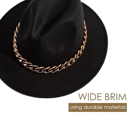 Men & Women Wide Brim Fedora Hat with Chain Buckle - color: Chain Belt-black