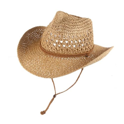 Women/Men Straw Cowboy Hat Wide Brim Sun Beach Cowgirl Hat Summer Western Cowboy for Travel Outdoor Family - color: Khaki