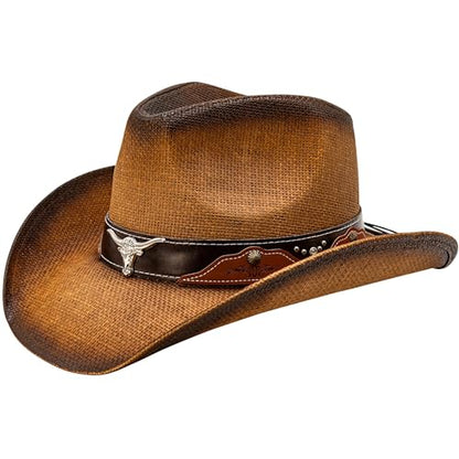 grinderPUNCH Straw Cowboy Hat for Men Women Western Cowgirl Outback Sun Hat - color: Burnished Pecan