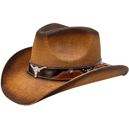 grinderPUNCH Straw Cowboy Hat for Men Women Western Cowgirl Outback Sun Hat - color: Burnished Pecan