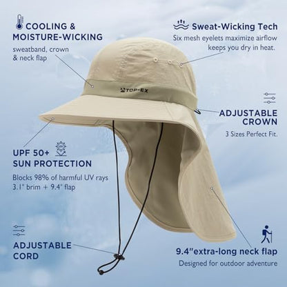 TOP-EX UPF 50+ Cooling Wide Brim Sun Hat for Men with Neck Flap, Packable - color: Light Khaki, size: Medium