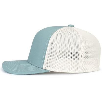 Pacific Headwear Contrast Stitch Trucker Pacflex Snapback Cap - color: Smoke Blue/Beige/Smoke Blue