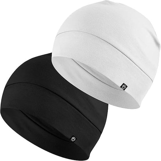 BISMAADH Cotton Skull Caps for Men and Women,2-Pack Lightweight Beanie Sleep Hats Breathable Helmet Liner Biking - color: Black & White