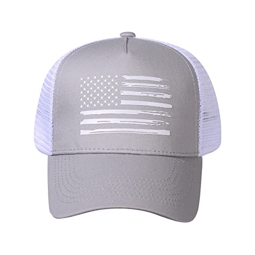 Baseball Cap, American Flag Trucker Hat for Men Women, Breathable Adjustable Fit Outdoor Mesh Snapback Hats - color: Gray/White Flag