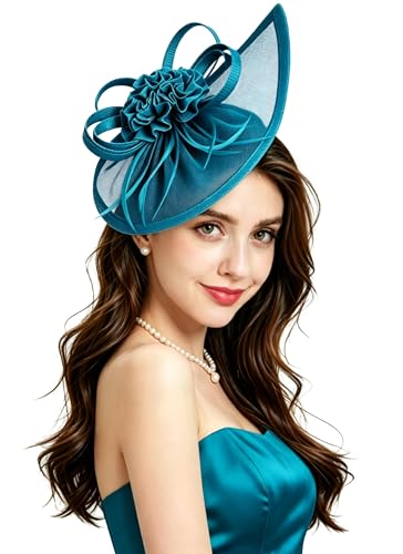 Z&X Sinamay Fascinator Hat Floral Feather Pillbox Derby Hats for Women Wedding Tea Party with Headband Clip - color: 008a Blue