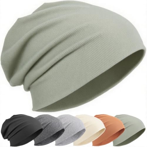 Slouchy Beanie for Women Men Thin Knit Winter Hat 93% Cotton Beanies - color: Grayish Green