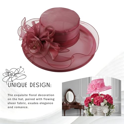 DRESHOW Women Organza Hat Church Cap Hats Clearance Kentucky Derby Cocktail Tea Party Wedding Flower Hat with Wide Brim - color: Flower Hat: Burgundy