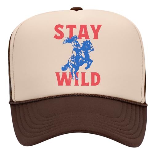 Stay Wild Trucker Hat | Vintage Cowboy Cowgirl Western Funny | Premium Mesh Foam Snapback Hat for Men & Women - color: Brown/Tan