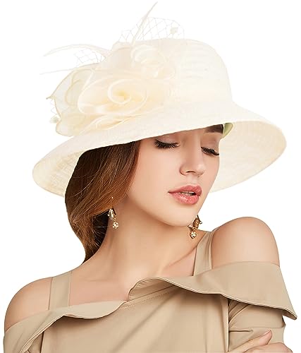 Women's Kentucky Derby Church Dress Hat Wide Brim Leaf Flower Bridal Shower Hat - color: R5 Beige