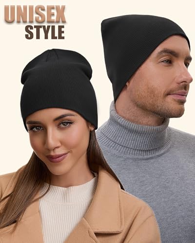 100% Cotton Beanie Hat for Men Women Cuffless Warm Winter Hats - color: 1pcs-black